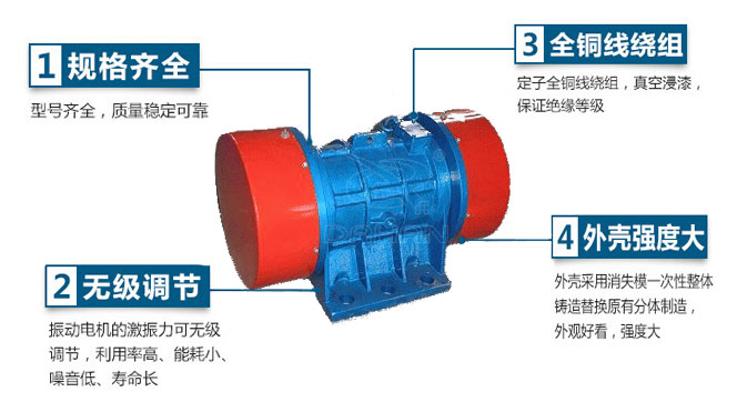 VB振動電機(jī)特點：1，規(guī)格齊全：型號齊全，質(zhì)量穩(wěn)定可靠。2，無極調(diào)節(jié)：振動電機(jī)的激振力可無極調(diào)節(jié)，利用率高，能耗小，噪音低，壽命長。4，外殼輕度大：外殼采用消失模一次性整體鑄造替換原有分體制造，外觀好看，強(qiáng)度大。