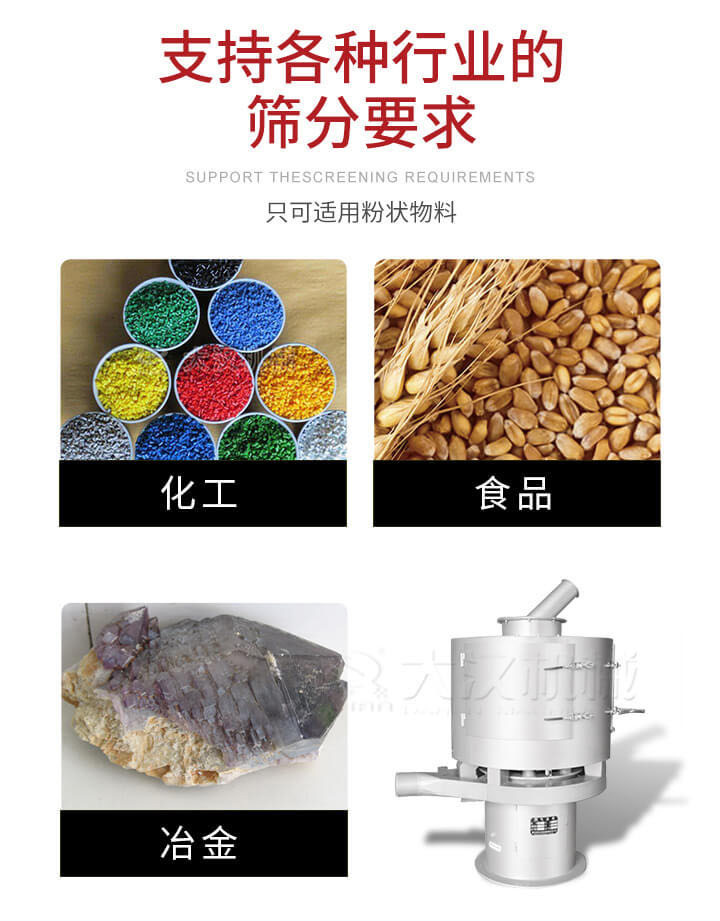 氣流篩用于礦粉，石墨粉，活性納米碳酸鈣，鋁灰，大豆粉，碳酸重鈣，石墨粉，木粉，干草，重金石粉，藥粉末，橡膠顆粒，草酸鹽，干料粉，木粉，聚酯粉，干粉，塑料，金屬粉末，橡膠粉，粉煤灰，石墨粉，陶瓷粉，鋅粉，石英粉，石灰粉，鐵粉，金屬硅粉等。