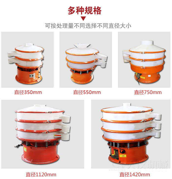 塑料振動篩不同篩分直徑進行展示：350，550，750，1120，1420等。