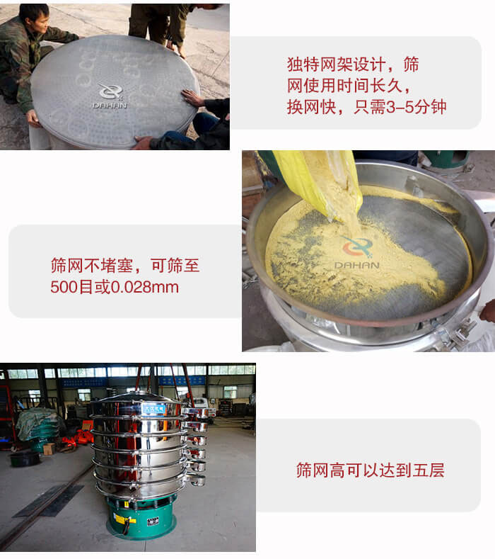 三次元振動篩的特點：篩網使用時間長換讓時間短，篩網不堵塞，可篩至500目或0.028mm。