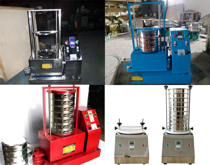 三種不同類(lèi)型的試驗(yàn)篩，區(qū)別控制臺(tái)在下部或在右側(cè)。材質(zhì)為不銹鋼和碳鋼兩種，碳鋼材質(zhì)做了噴漆有：紅色和藍(lán)色兩種。