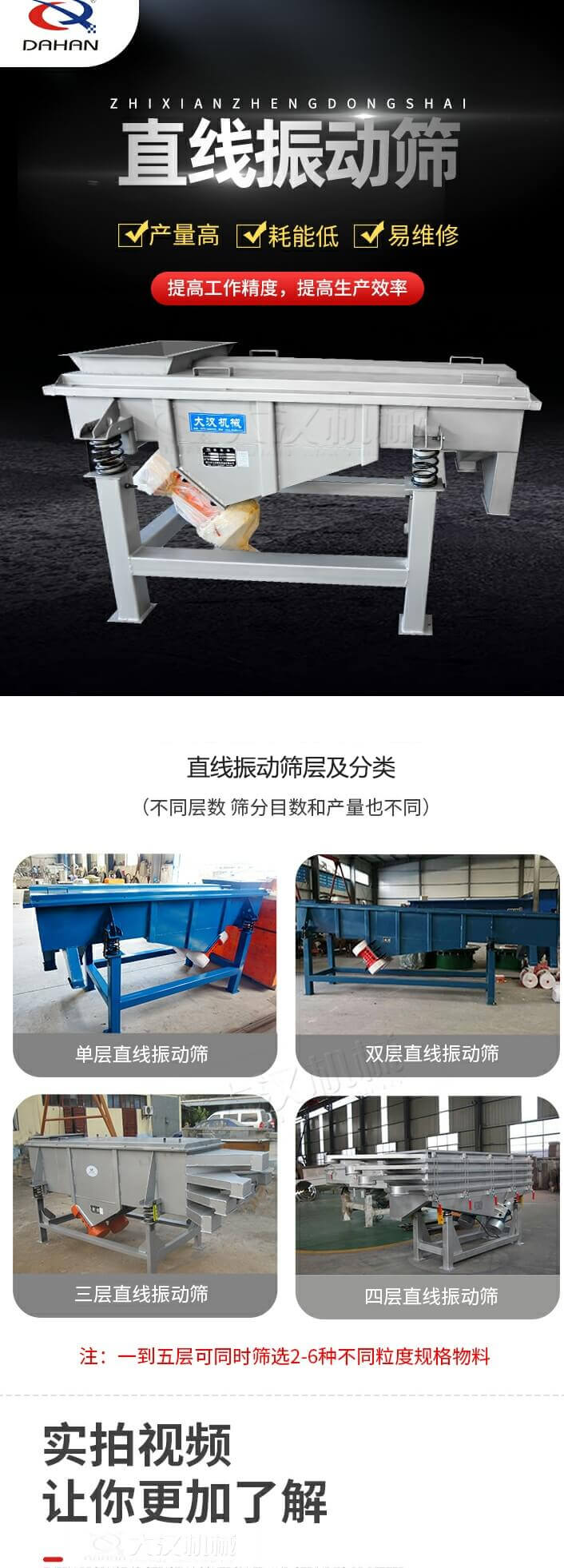 直線振動(dòng)篩概述，產(chǎn)量高，耗能低，易維修，提高工作精度，提高生產(chǎn)效率，直線振動(dòng)篩層級(jí)分類(lèi)：不同層數(shù)，篩分目數(shù)和產(chǎn)量也不同：?jiǎn)螌樱p層，三層，四層等。