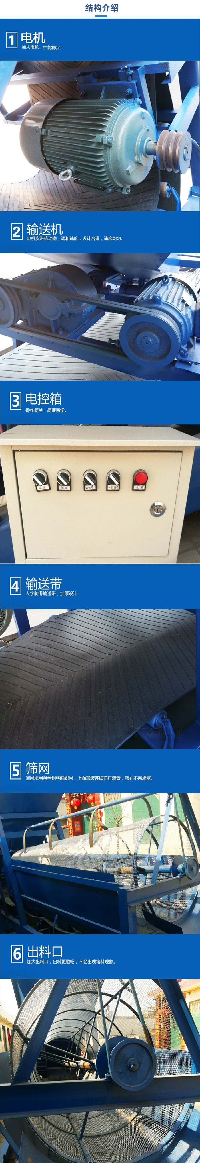 移動篩沙機結構:電機，加大電機，性能相對比較穩定。輸送機：電機皮帶傳動送，調和速度，設計合理，速度均勻。電控箱：操作簡單，簡便易學。輸送帶：人字防滑輸送帶，加厚設計。篩網，采用粗絲鋼絲編織而成的篩網，上面加裝連續拍打裝置，篩孔不易堵塞。出料口：加大出料口，出料更順暢，不會出現堵料現象。